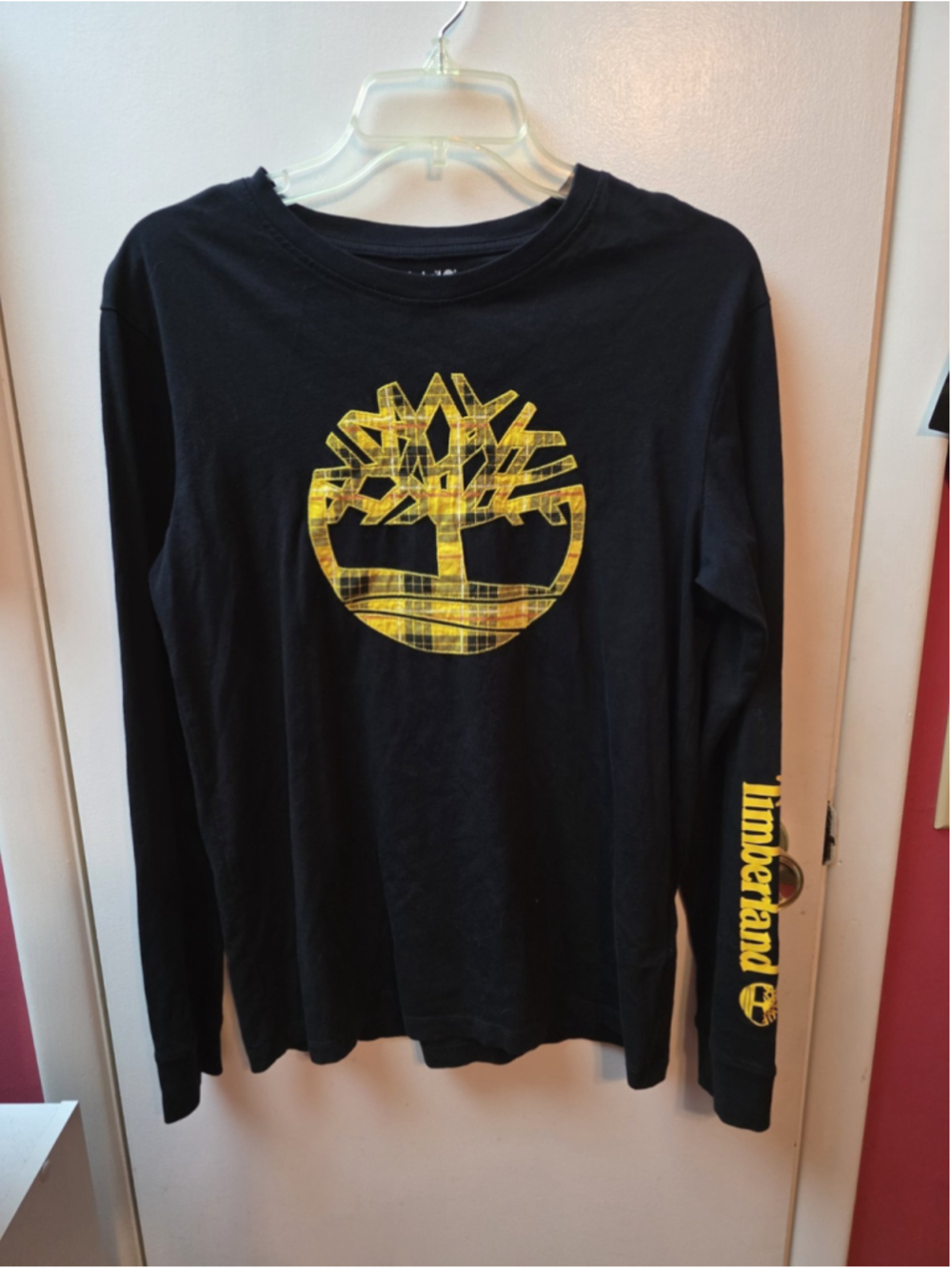 Timberland Black Tree Logo Plaid Crew Neck Long Sleeve T-Shirt Men's Small